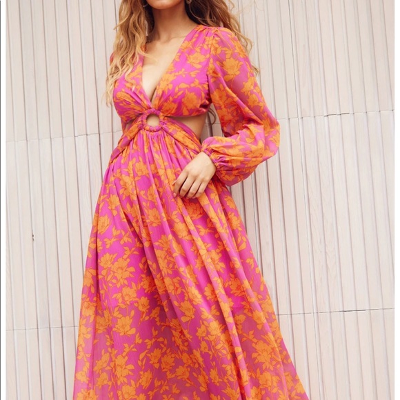 Pink and Orange floral long sleeve maxi dress with cutouts. - Picture 4 of 8